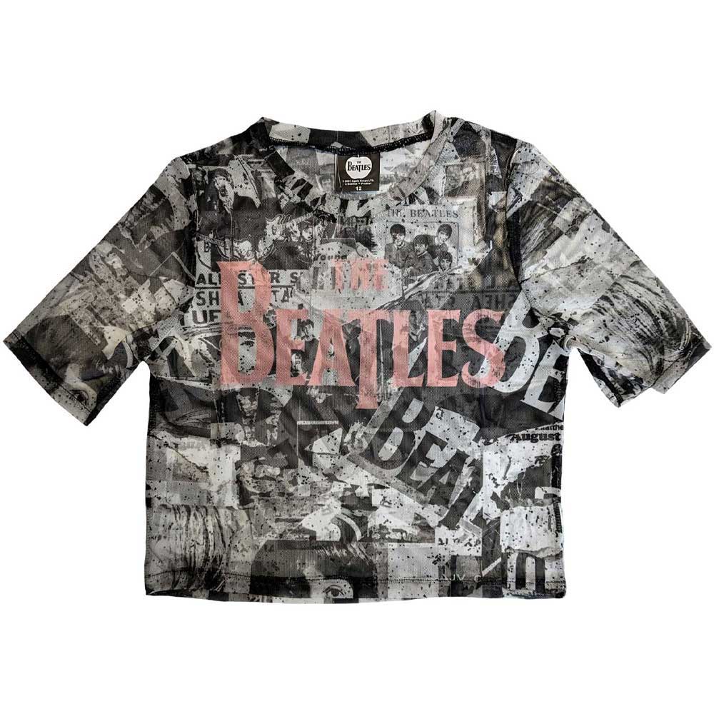 The Beatles Drop T Logo All Over Print Mesh Crop Top