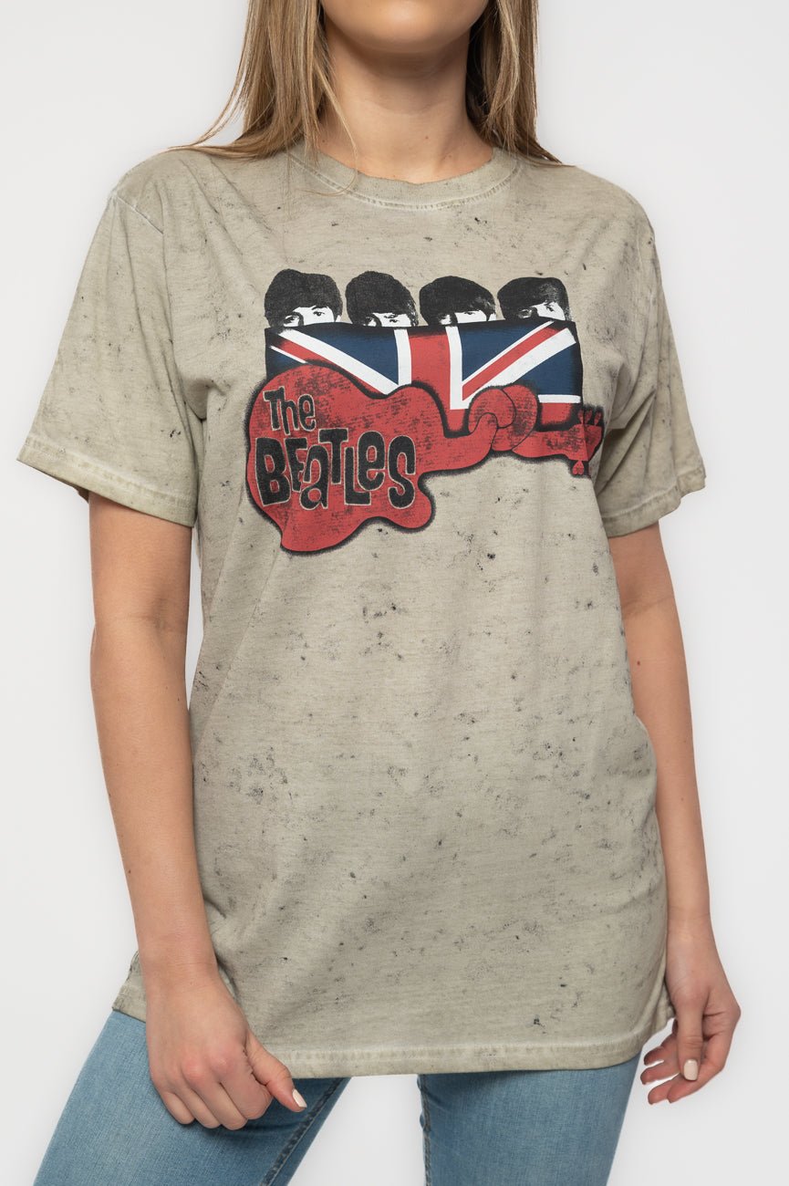 The Beatles Guitar and Flag Snow Wash T Shirt
