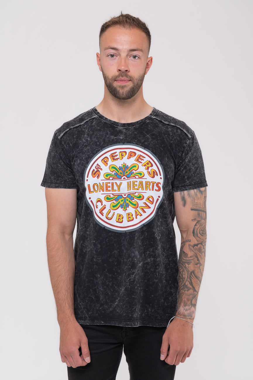 The Beatles Sgt Pepper Drum Band Logo Snow Wash T Shirt